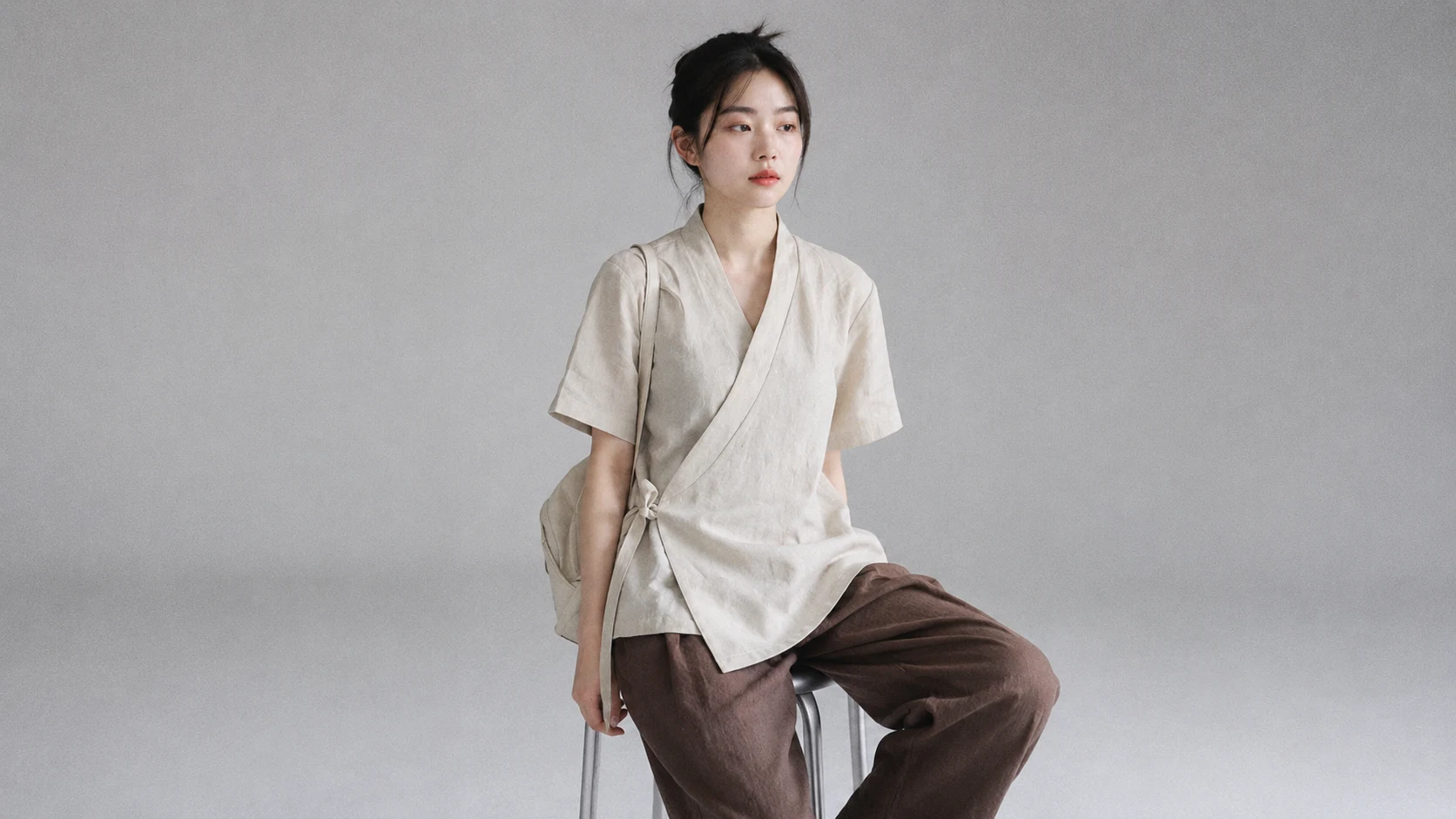 Side Tie Linen Short Sleeve Blouse Beige product